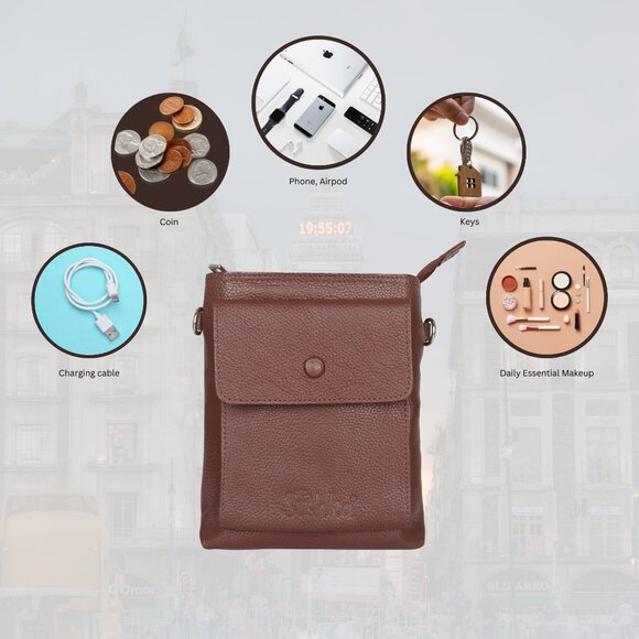 Leather Brown Crossbody Shoulder Bag for Men & Women –Sling Bag for Daily Use - Picture 4 of 10
